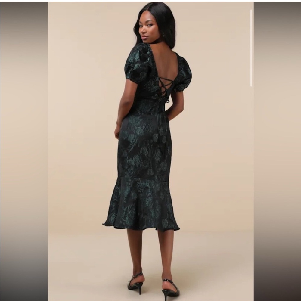 Lulus Majorly Fabulous Black Emerald Green Floral Trumpet Midi Dress - L - Picture 3 of 4